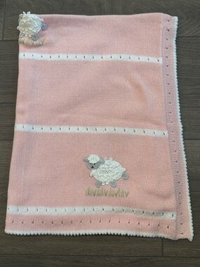 Melange Pink & White Knit Baby Throw with Sheep Appliqués